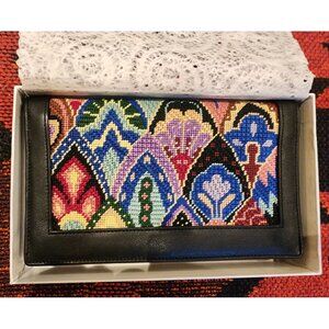 NEW Vintage Handmade Needlepoint Wallet With Colorful Pattern & Black Leather